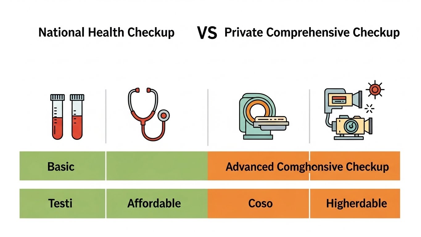 국가 건강검진과 종합검진의 주요 차이점을 항목별로 비교하는 인포그래픽 이미지