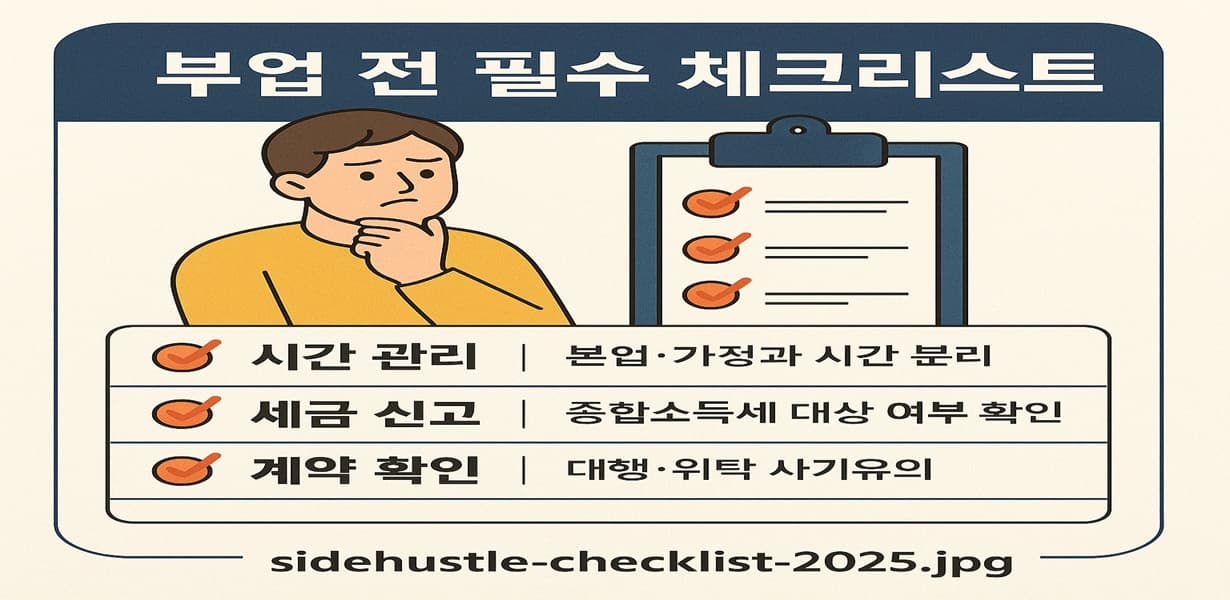 부업 시작 전 필수 확인해야 할 3가지 항목인 시간 관리, 세금 신고, 계약 확인을 정리한 체크리스트 이미지