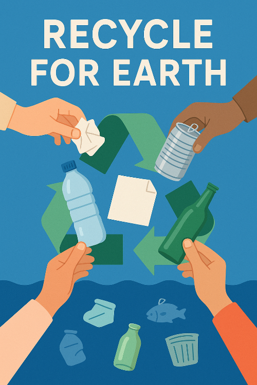 푸른색 배경 위에 재활용 화살표 삼각형 로고가 중앙에 있고, 그 안에 플라스틱 병, 종이, 캔, 유리병이 회전하는 디지털 일러스트