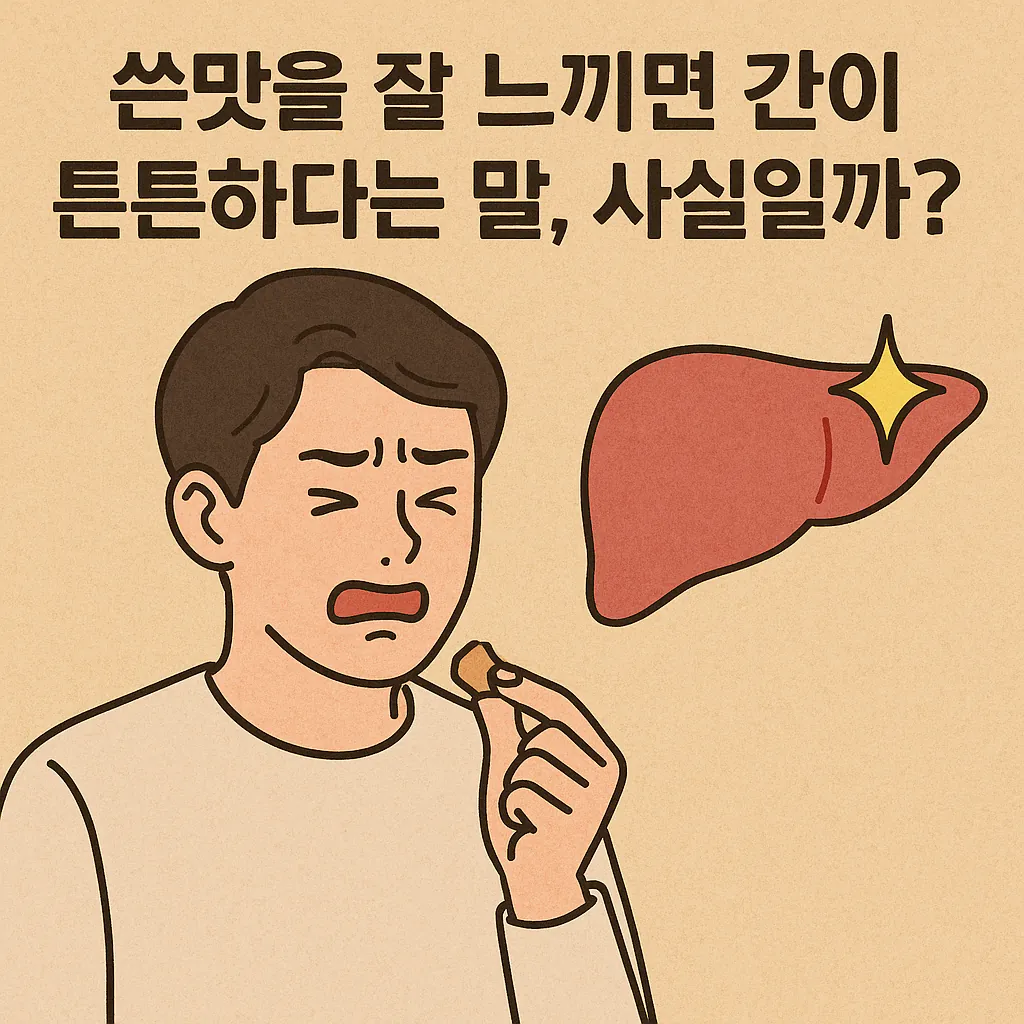 쓴맛을 느끼고 찡그리는 남성과 간 그림이 함께 있는 삽화