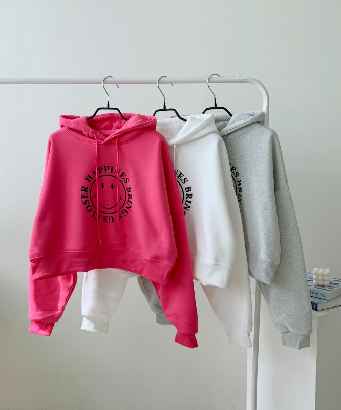 스마일 세미크롭 기모 후드티