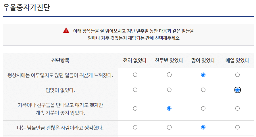 삼성병원 우울증 자가진단 테스트 항목