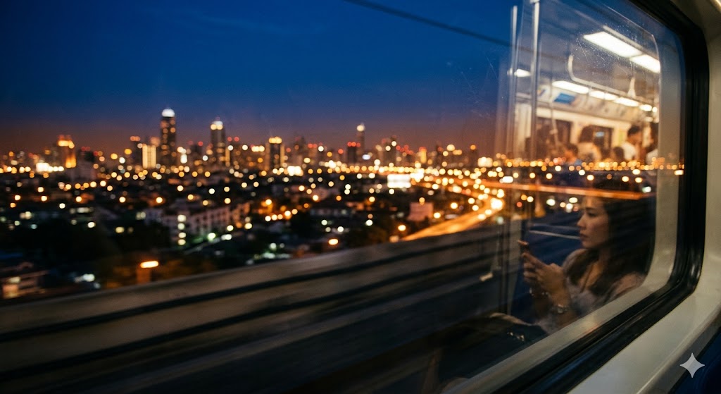 Night view of Bangkok city center from the Airport Rail Link train window