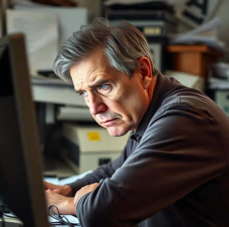 노안으로 힘들어하는 남자 사진