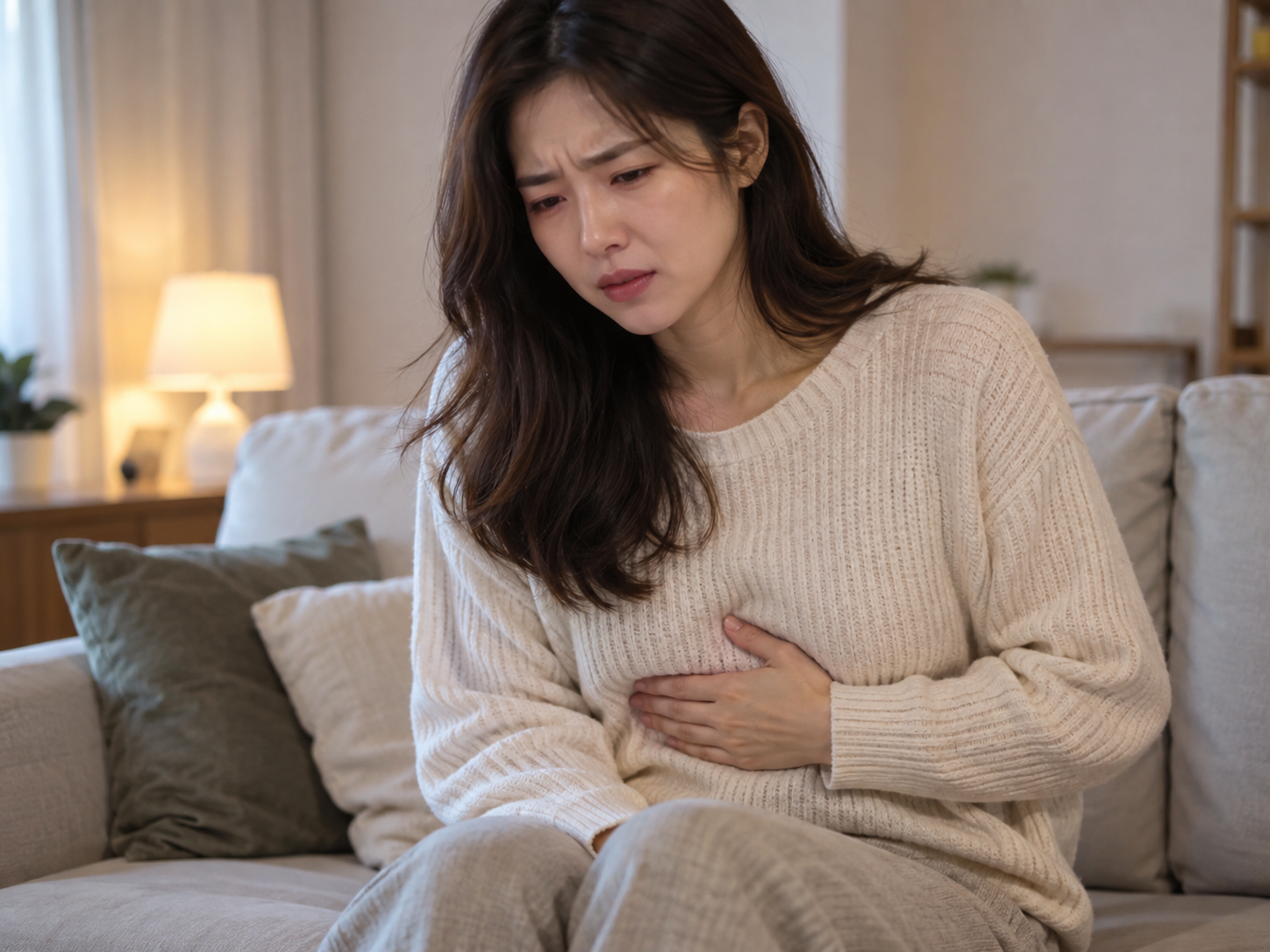 명치 통증으로 소파에서 배를 감싸쥔 여성