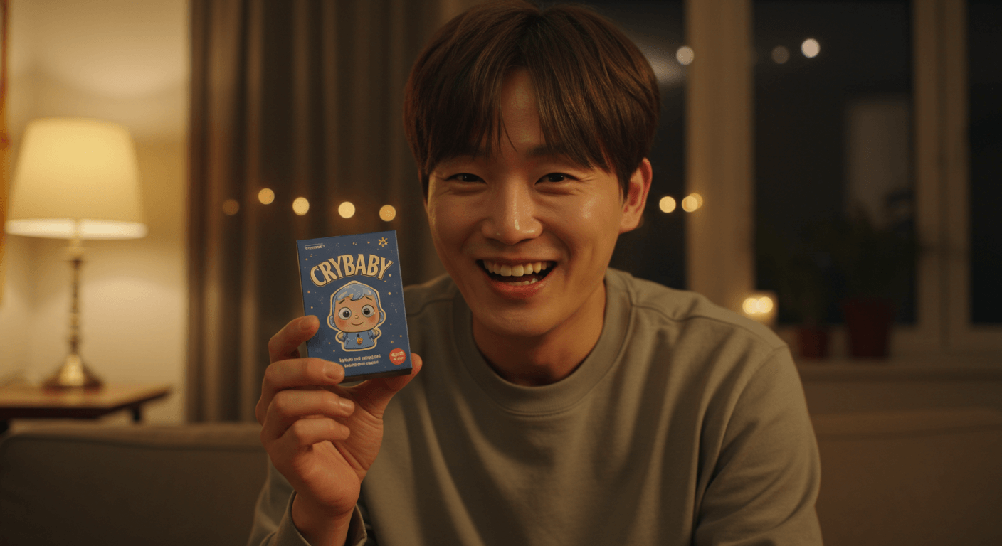 남성이 크라이베이비 키링을 선물 박스에 담아 건네는 모습 3