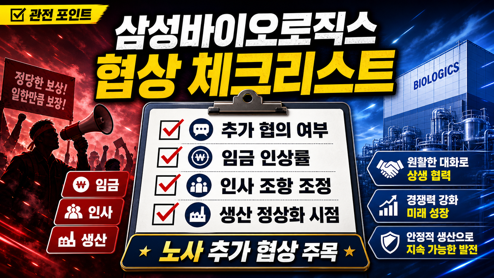 임금 인상률, 성과급, 인사제도, 경영권 쟁점을 비교표로 정리