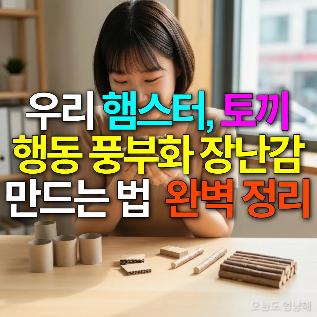 한 젊은 한국 여성이 집에서 햄스터를 안고 있으며, 주변에 DIY 장난감 재료들이 놓여있는 모습