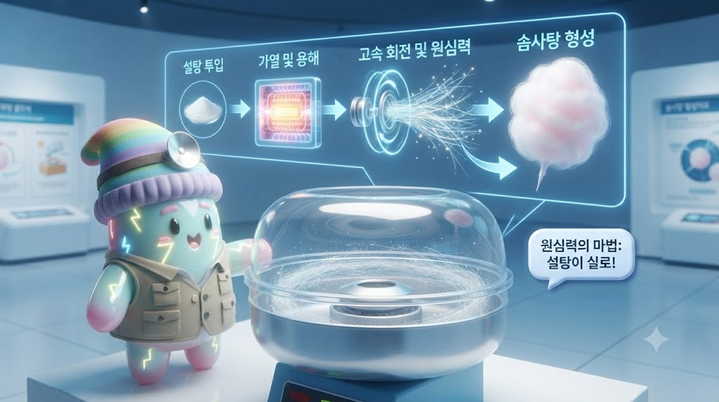3D 쫀쿠가 '솜사탕 과학 교실'에서 거대하고 투명한 솜사탕 기계 속을 들여다보고 있습니다. 쫀쿠의 머리 위로는 설탕 결정이 열선에 의해 녹아 액체가 되고, 고속 회전하는 헤드에서 원심력에 의해 미세한 실로 뽑혀 나오는 과정이 3D 애니메이션 홀로그램으로 상세하게 구현되고 있습니다. 쫀쿠는 "99% 공기, 1%의 마법!"이라고 적힌 팻말을 가리키고 있습니다.