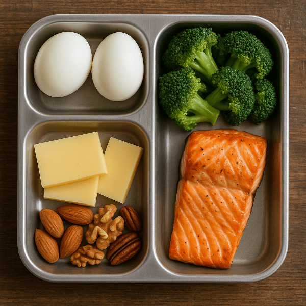 키토식 아침&middot;점심&middot;저녁 예시가 나란히 놓인 식단