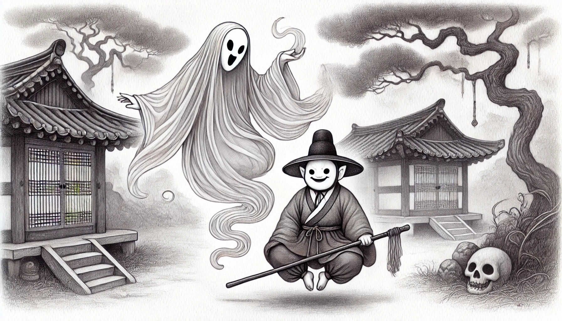전통 한국 귀신과 도깨비를 연필로 묘사한 그림. 귀신은 부드럽고 흐릿한 선으로 공중에 떠 있으며, 도깨비는 방망이를 들고 장난기 가득한 표정을 짓고 있다. 배경은 한국의 전통적인 마을이나 숲 속에 안개가 깔려 있어 신비롭고 고요한 분위기를 자아낸다