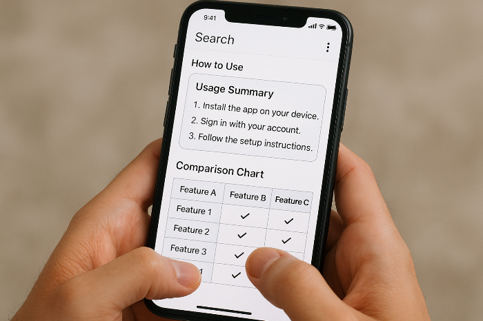 스마트폰에서 실용 정보 카드를 살펴보는 모습