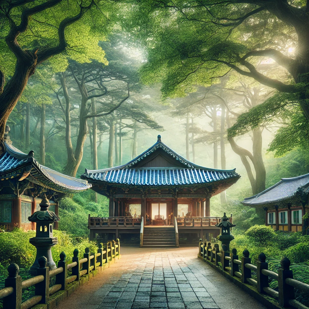 제주도의 푸른 숲과 고즈넉한 사찰 전경