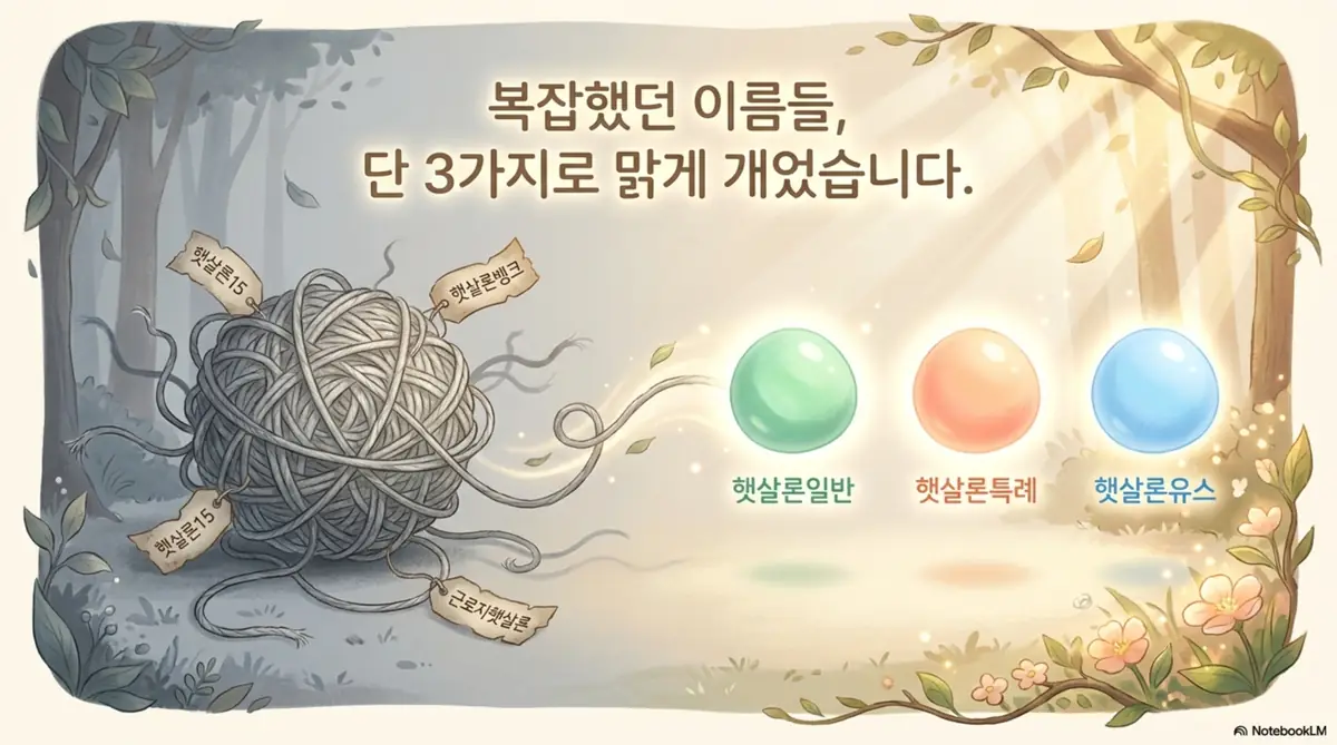 햇살론 대출: 복잡하게 얽힌 실타래에 햇살론15·햇살론뱅크·근로자햇살론 이름표가 달려 있고 그 옆에 초록·주황·파랑 구슬로 표현된 햇살론일반·햇살론특례·햇살론유스가 놓인 일러스트. 2026년 개편으로 네 가지로 흩어져 있던 옛 서민금융 상품이 단 세 가지 햇살론 대출조건으로 깔끔하게 정리되었음을 시각적으로 전달하며, 블로그의 햇살론 종류별 비교 주제와 관련된 내용을 설명함