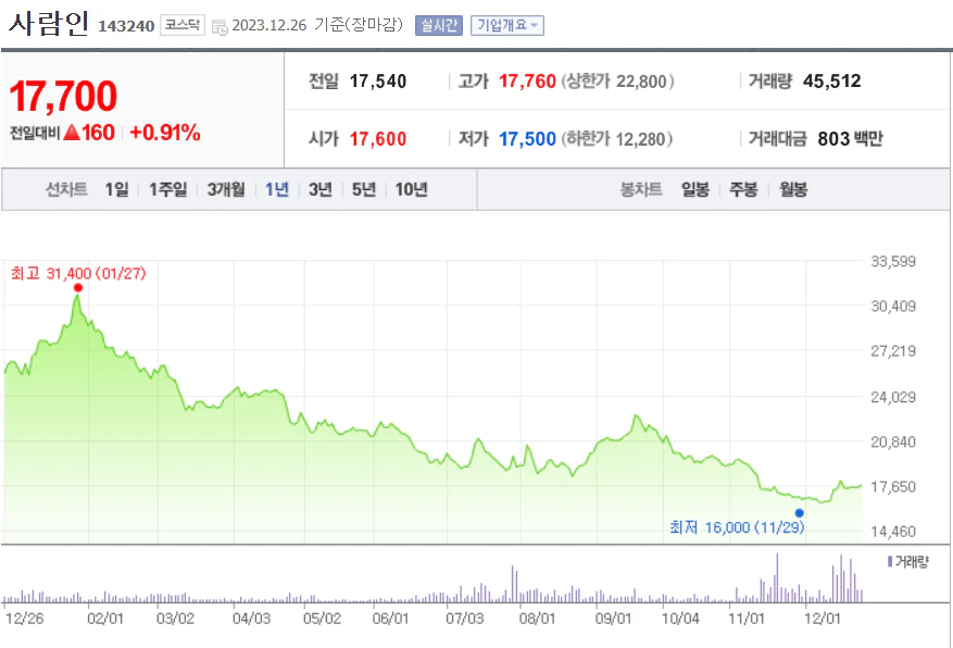 사람인 1년 주가