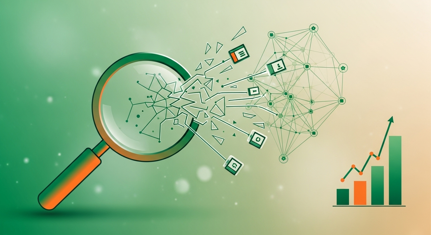 데이터 유출로 인해 불안정한 디지털 네트워크가 무너지는 모습과 주가 하락 그래프.