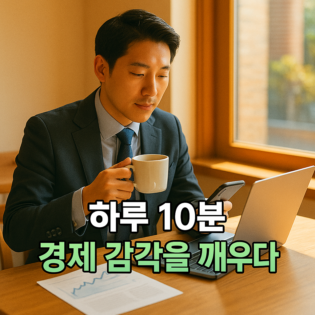 출근 전 카페에서 경제 뉴스를 읽으며 커피를 마시는 직장인