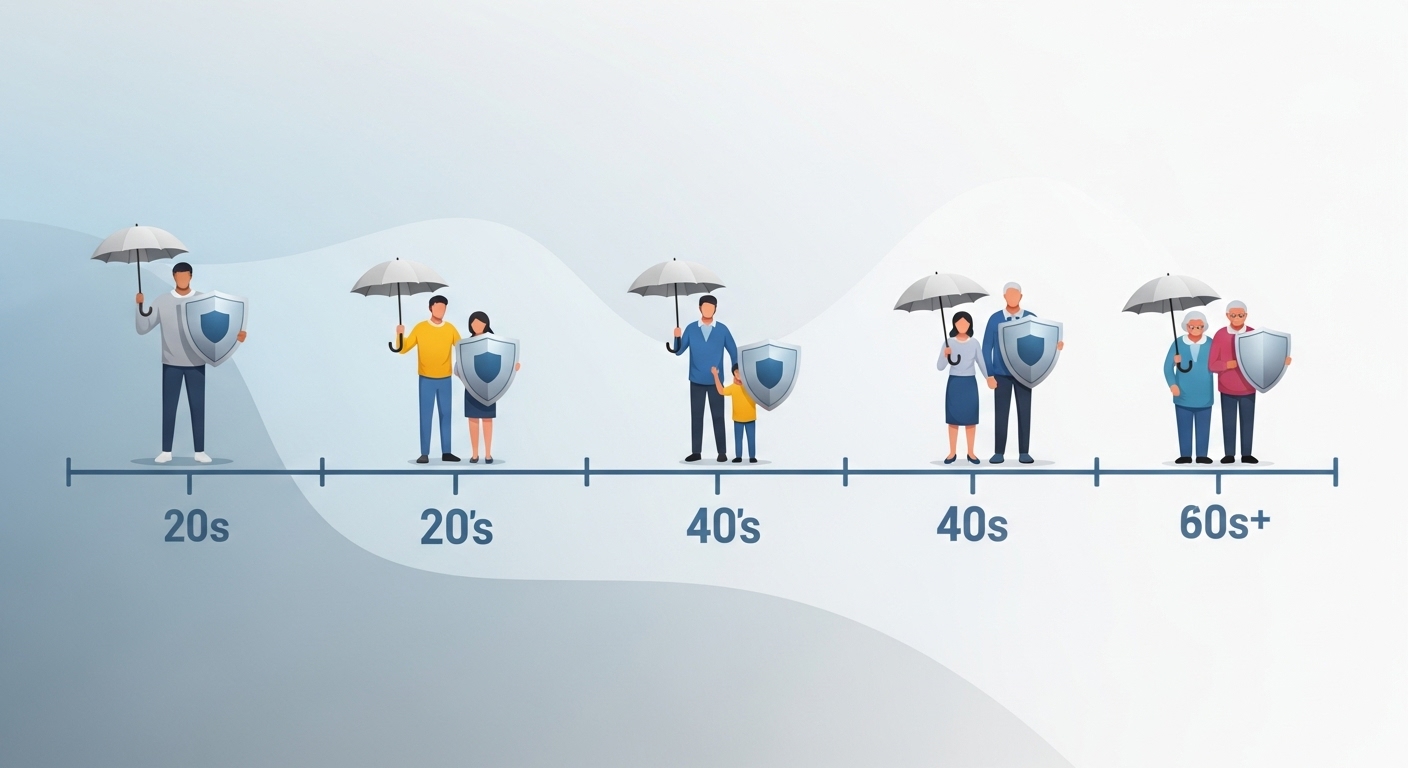 20대부터 60대까지 다양한 연령대의 사람들이 각자의 나이에 맞는 실비보험을 상징하는 보호막을 들고 서 있는 모습. 안정적인 블루-그레이 톤으로 의료비 보호를 강조.