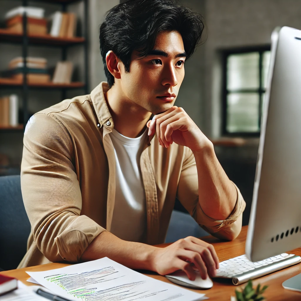 30대 초반의 한국 남성이 공부방에서 컴퓨터로 컴퓨터 자격증 시험 기출문제를 풀이하며 책상에 펼쳐진 학습 자료와 함께 집중하고 결단력 있는 모습