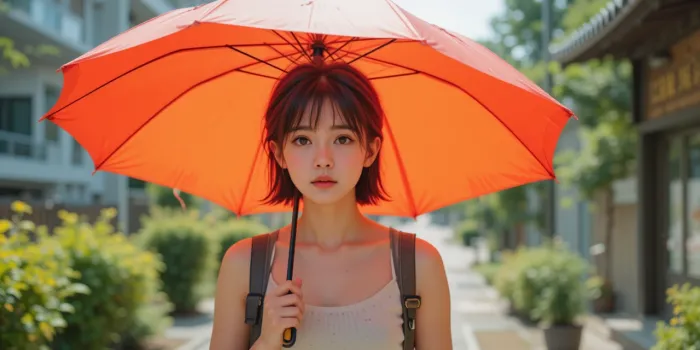 무더위 속 양산을 쓰고 귀가 중인 학생의 피곤한 표정