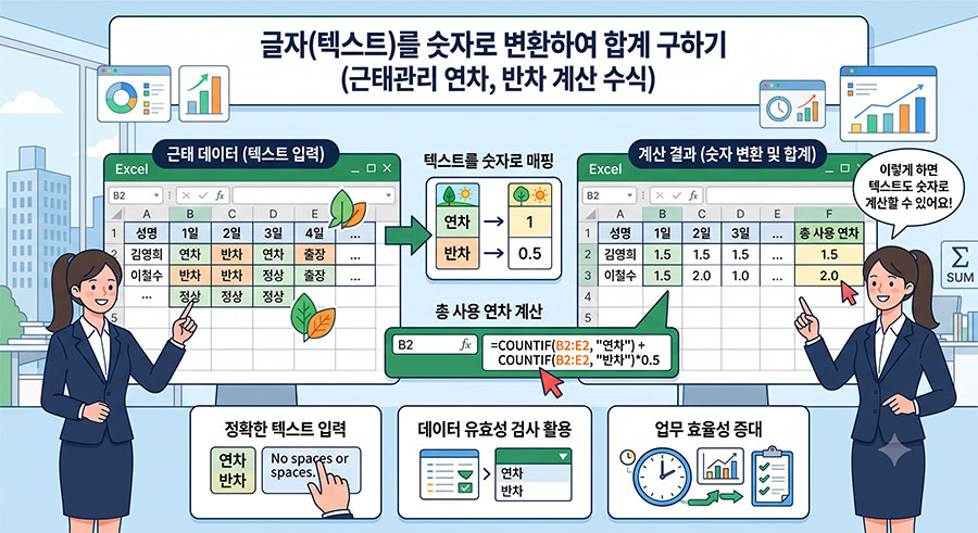 글자(텍스트)를 숫자로 변환하여 합계 구하기