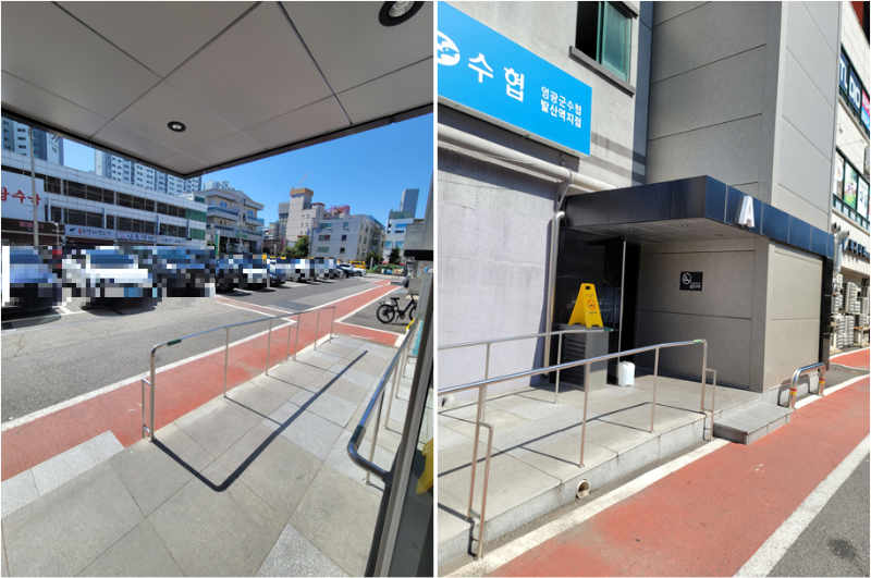 제1 실외 주차장 및 건물 입구