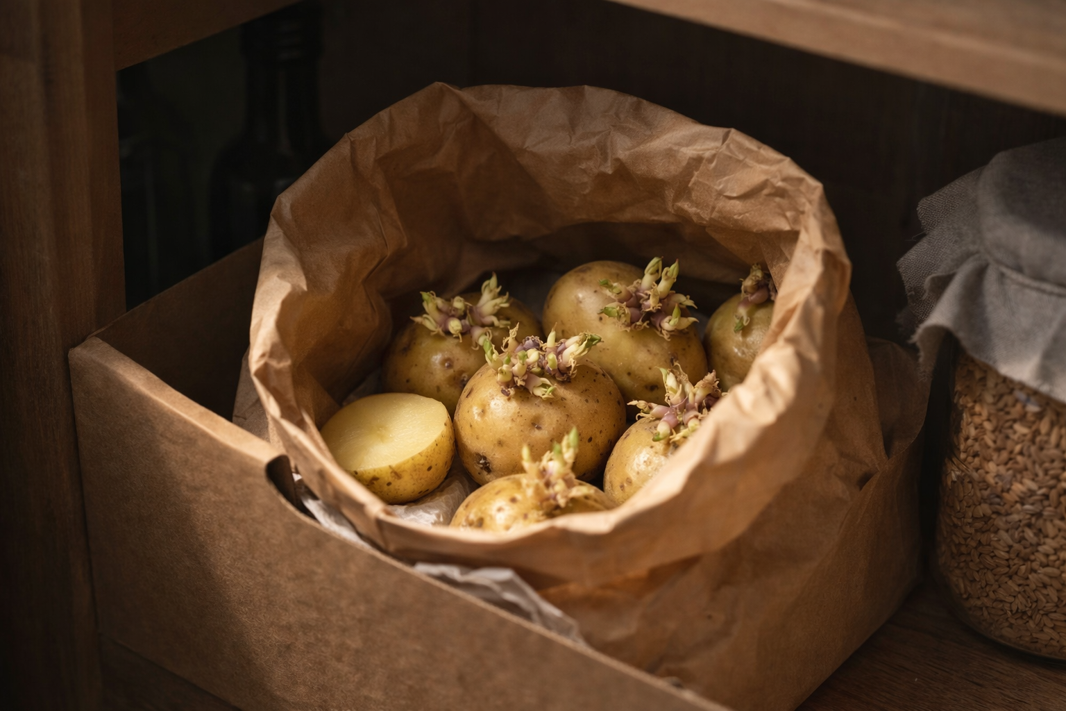 감자를 종이봉투에 담아 빛을 차단하고 통풍되게 보관하는 모습입니다.