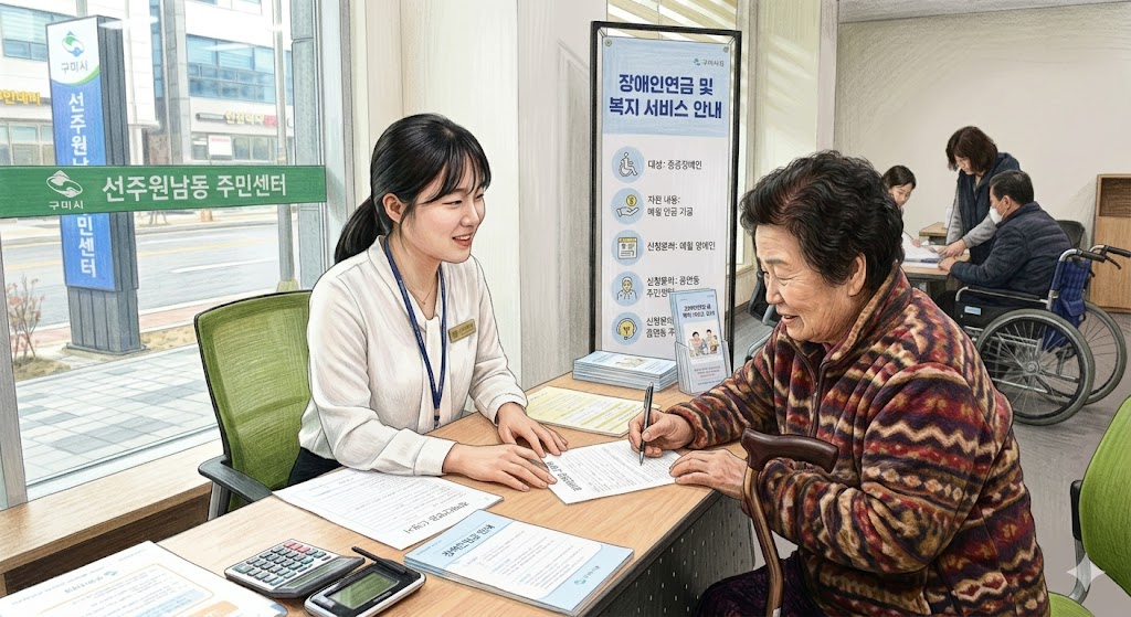 주민센터 상담 창구에서 어르신이 직원의 안내를 받으며 장애인연금 및 복지서비스 신청서를 작성하는 모습