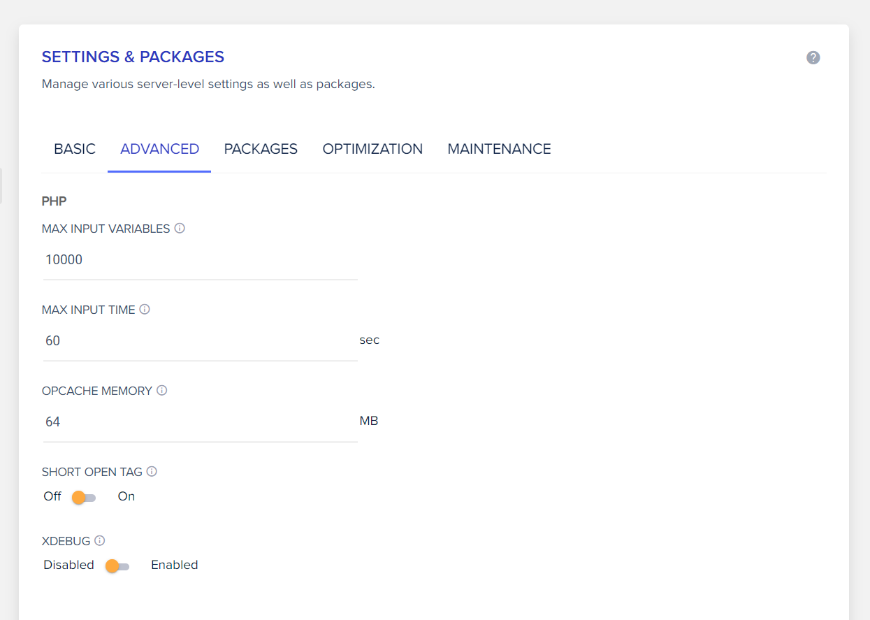Cloudways 해외 호스팅 PHP 서버 설정값 변경하기 - 고급 탭