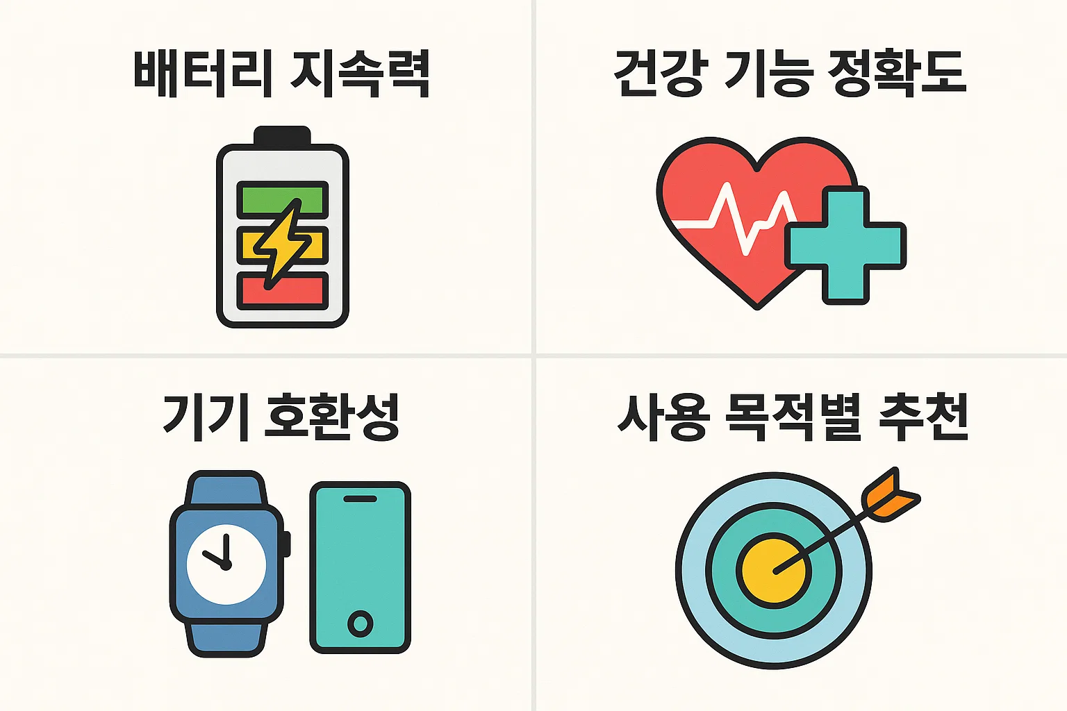 배터리 지속력, 건강 기능 정확도, 기기 호환성, 사용 목적별 추천 요소를 시각적으로 정리한 인포그래픽.