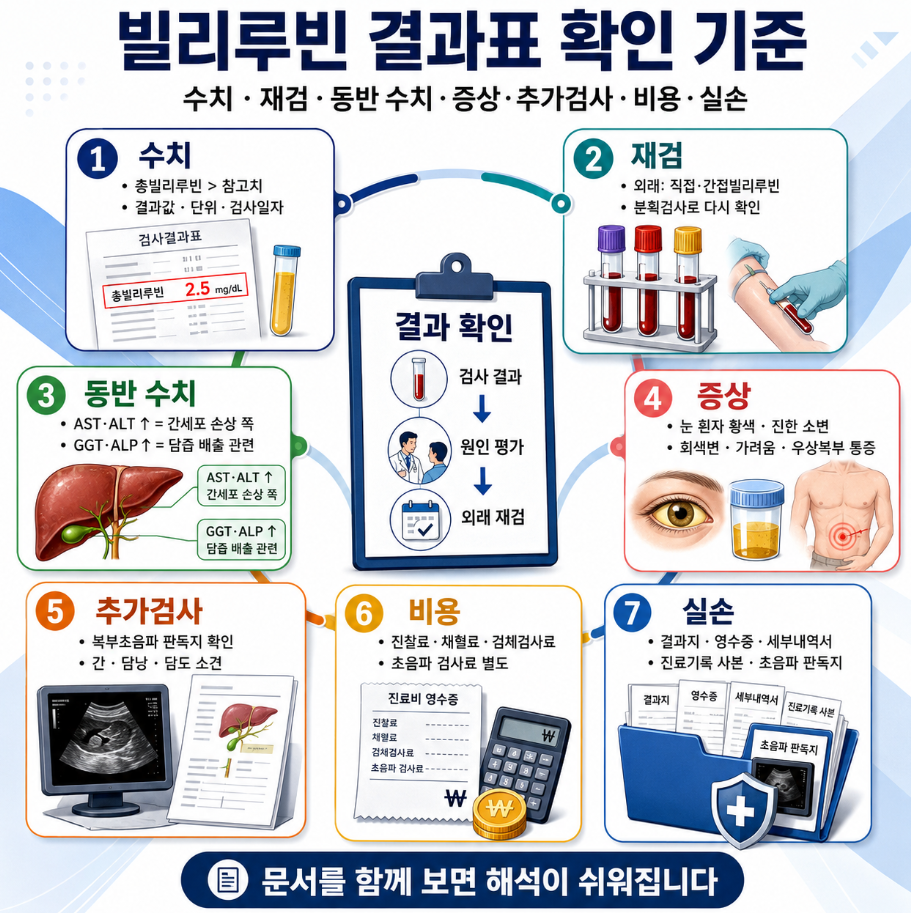 빌리루빈 결과표 확인 기준과 재검, 동반 수치, 증상, 추가검사, 비용, 실손 준비 문서를 종합 정리한 메디컬 인포그래픽