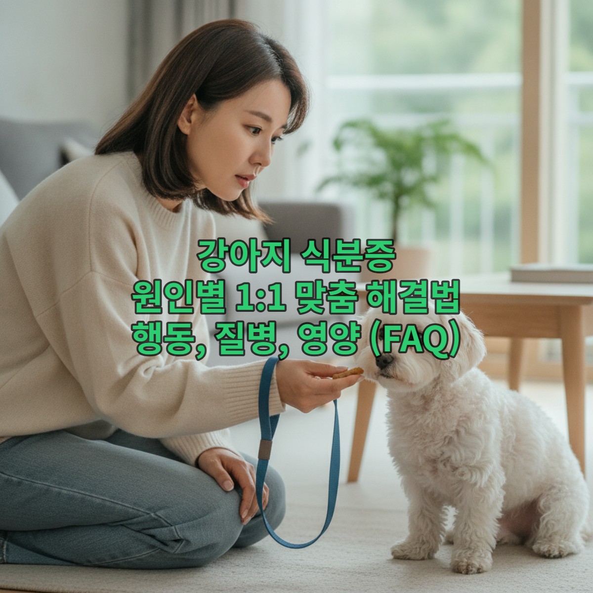 걱정스러운 표정으로 반려견을 바라보는 보호자와 강아지, 강아지 식분증 문제 해결을 고민하는 모습