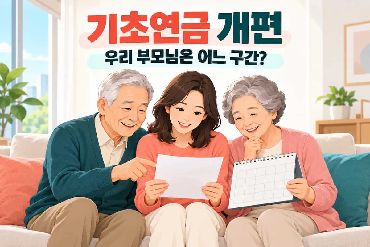 어르신들이 세 구간으로 나뉘어 기초연금을 받는 모습을 표현한 그림