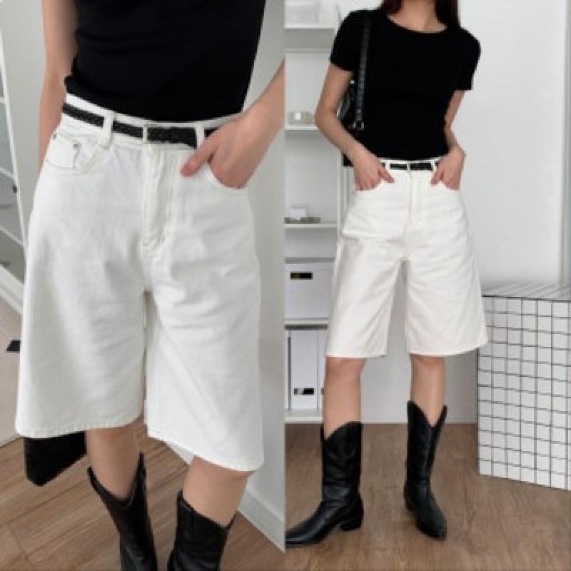 버뮤다팬츠 크림진 여성 6부반바지 지오 와이드 화이트팬츠