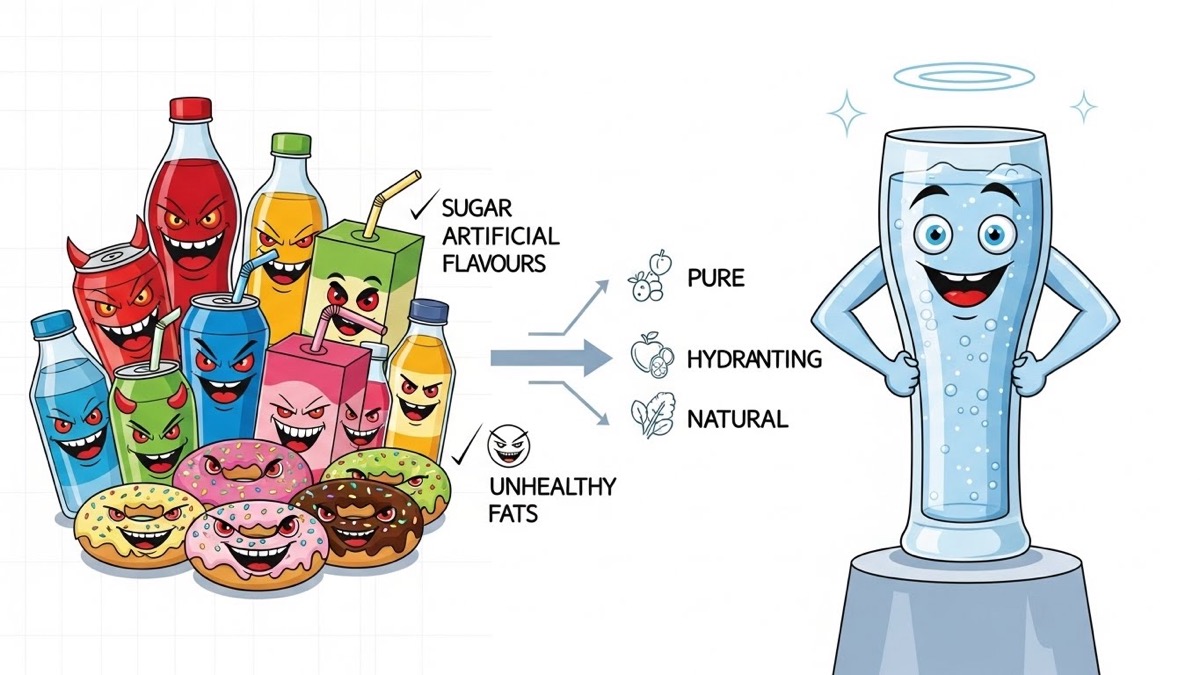 설탕이 가득한 음료수 대신 물을 선택하는 일러스트