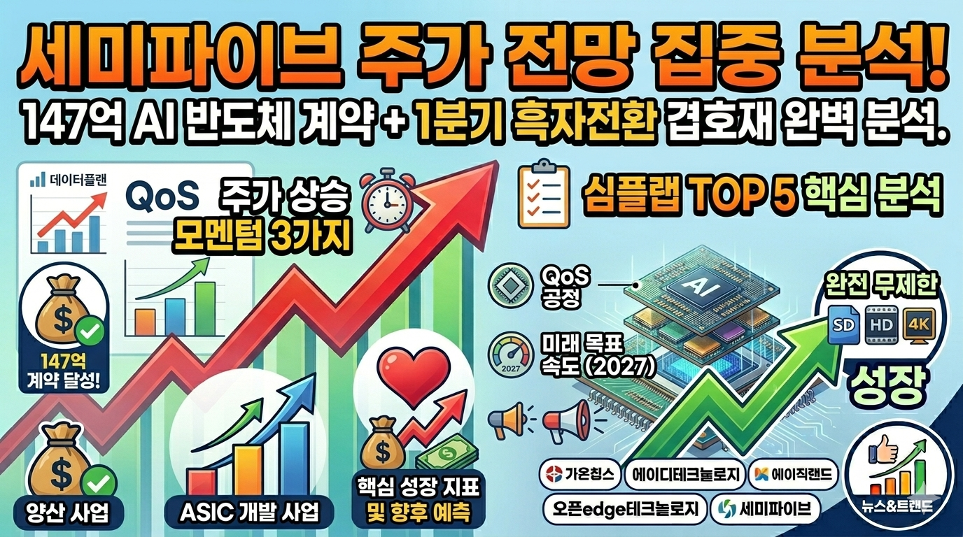 "인공지능 맞춤형 반도체 기업 세미파이브 로고와 주가 18% 급등 그래프, 1분기 매출 137% 성장 및 147억원 규모 ASIC 설계 계약 겹호재를 나타내는 반도체 웨이퍼 배경 디자인"