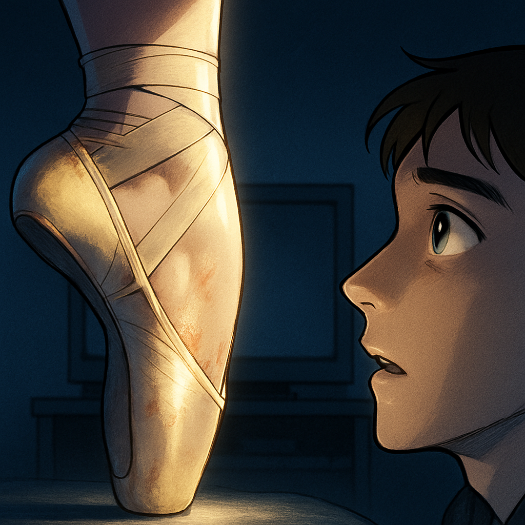 피나는 노력의 흔적이 담긴 발레리나의 발을 경외심으로 바라보는 여학생