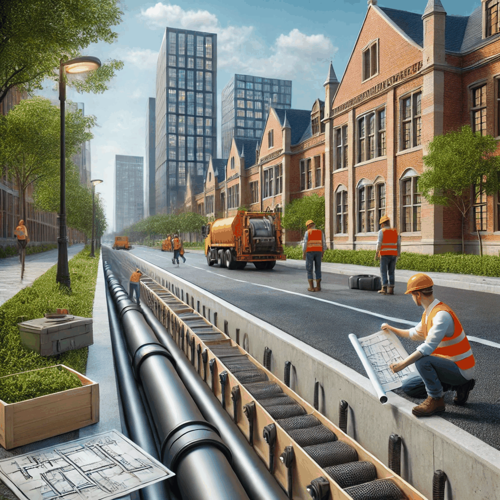 현대적인 도시에서 스마트 배수 시스템과 친환경 인프라가 폭우를 효과적으로 관리하는 모습을 보여주는 이미지