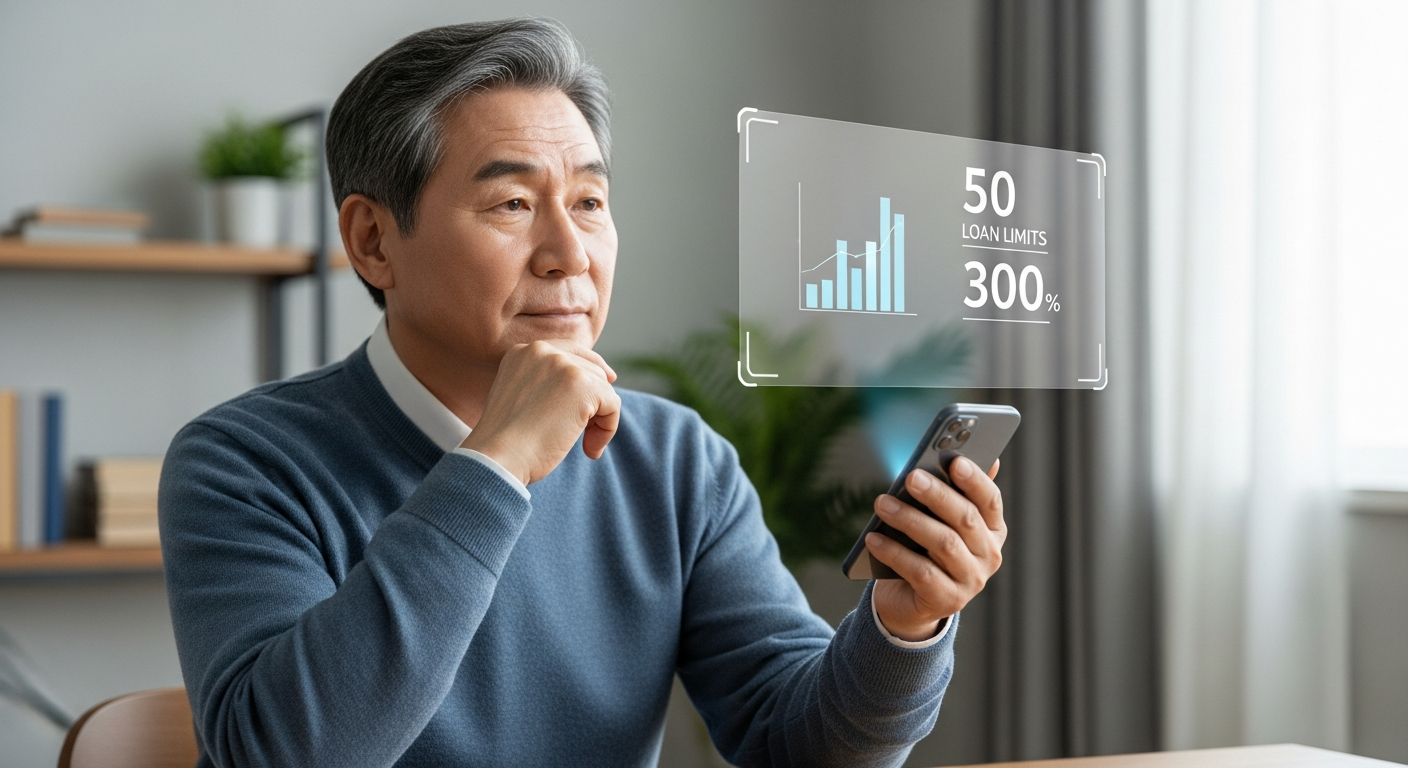 토스뱅크 앱 화면에서 '내 한도 확인하기' 버튼을 누르려는 손가락. 신용점수 영향 없이 안전하게 대출 한도를 조회하는 모습.