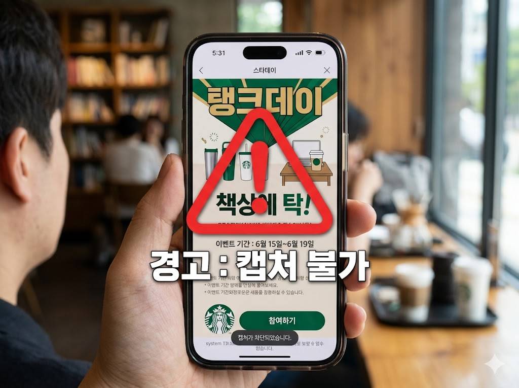 스타벅스 앱 이벤트 페이지에 '탱크데이'와 '책상에 탁!' 문구가 적힌 포스터를 스마트폰으로 캡처하는 장면