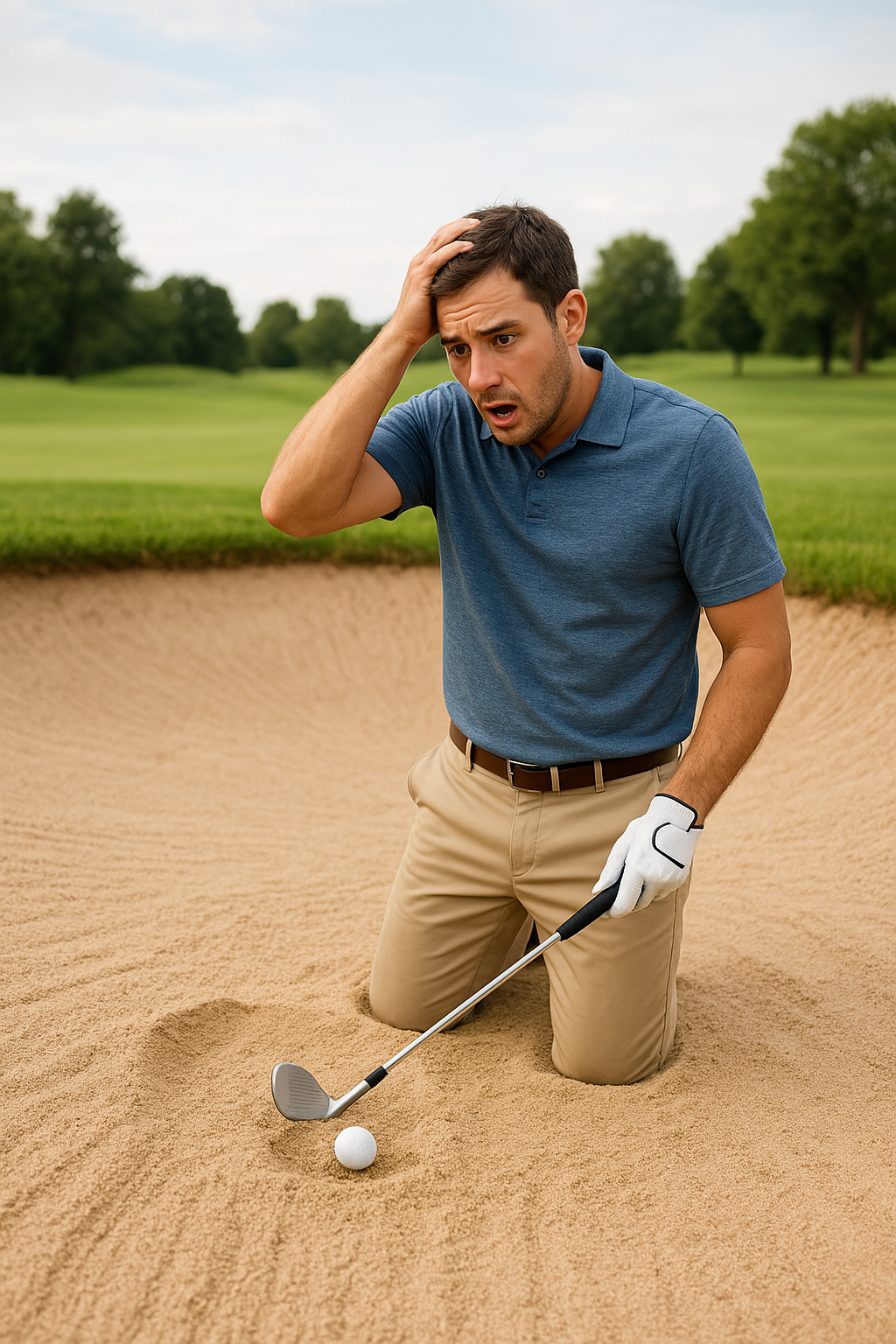 남성 골퍼 벙커에서 탑볼로 벙커에 박혀버린 볼을 보고 허탈해 하는 모습