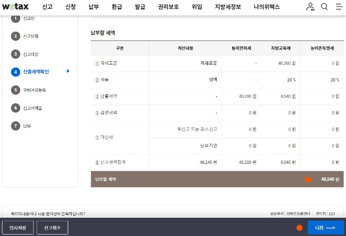 납부할 세액 고지 내용입니다. 단순변경 등기는 40200원 정액입니다.
