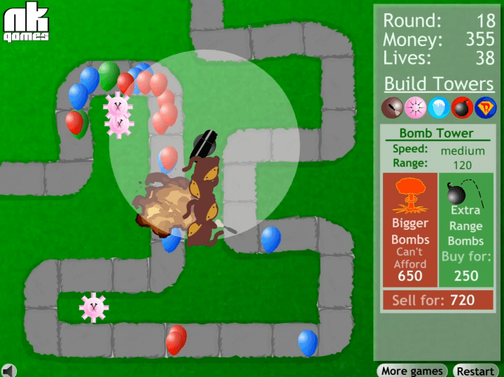 풍선타워디펜스-플래시게임-플레이-타워를-설치하여-풍선을-터트리는-화면