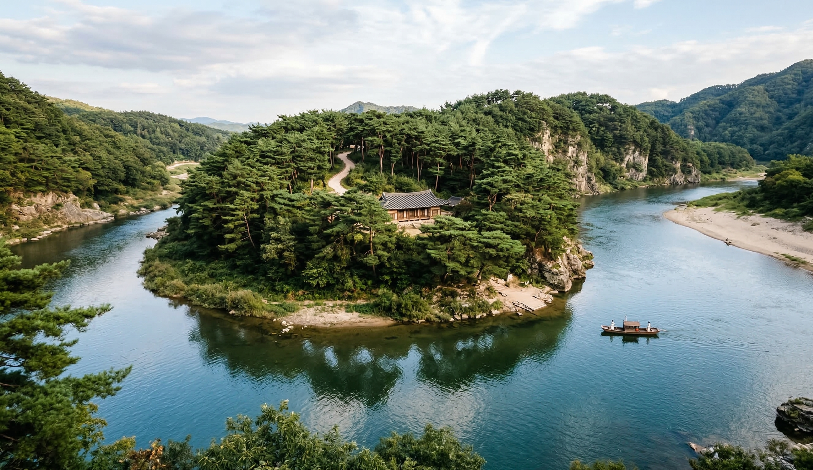 강원도 영월 청령포 전경, 삼면이 강으로 둘러싸인 단종 유배지