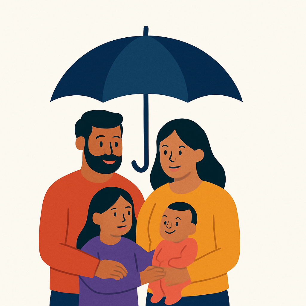 지원금 지원에 대해 다문화가정 이 우산 안에서 웃고 있다.