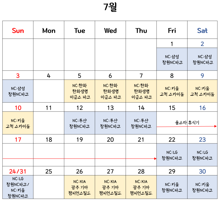 22년 7월 NC 다이노스 경기 일정