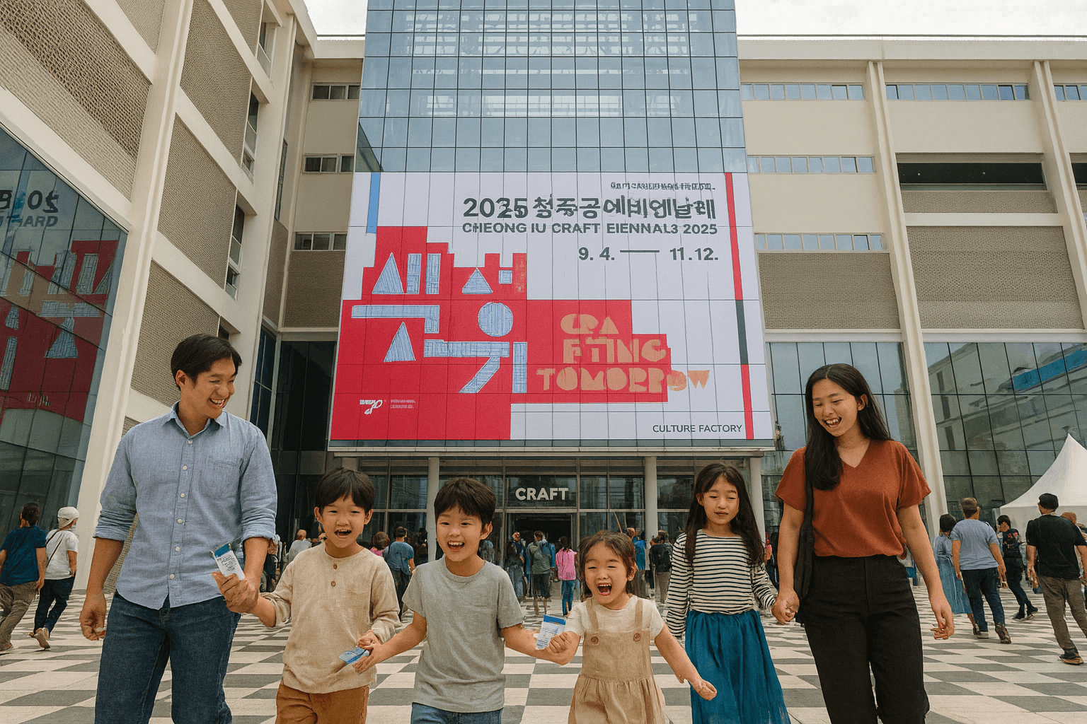가족 단위 방문객이 청주공예비엔날레 행사장에 입장하는 모습 1