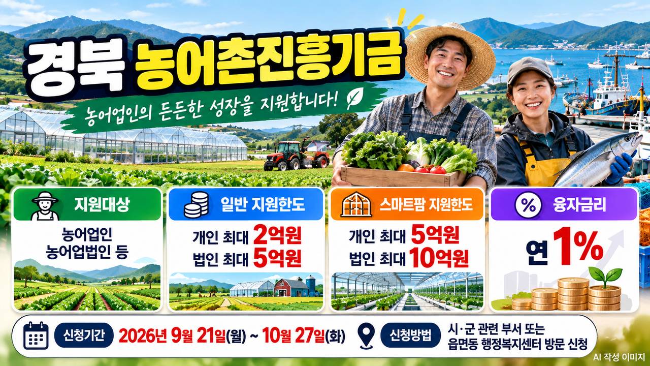 경북 농어촌진흥기금 농어업인&middot;농어업법인 최대 10억원 연 1% 융자지원 안내 이미지