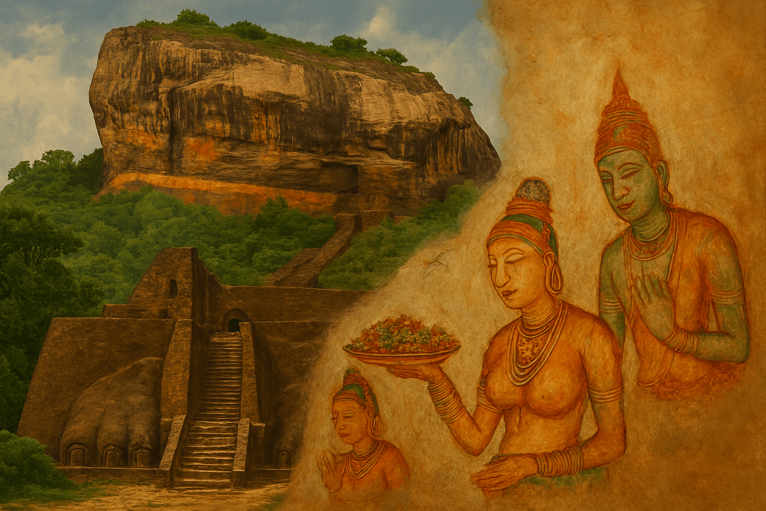 푸른 숲 위로 솟아오른 거대한 바위 요새 시기리야와, 그 벽면에 섬세하게 그려진 고대 여인들의 프레스코 벽화. 스리랑카 고대 왕국의 예술성과 역사를 보여준다.