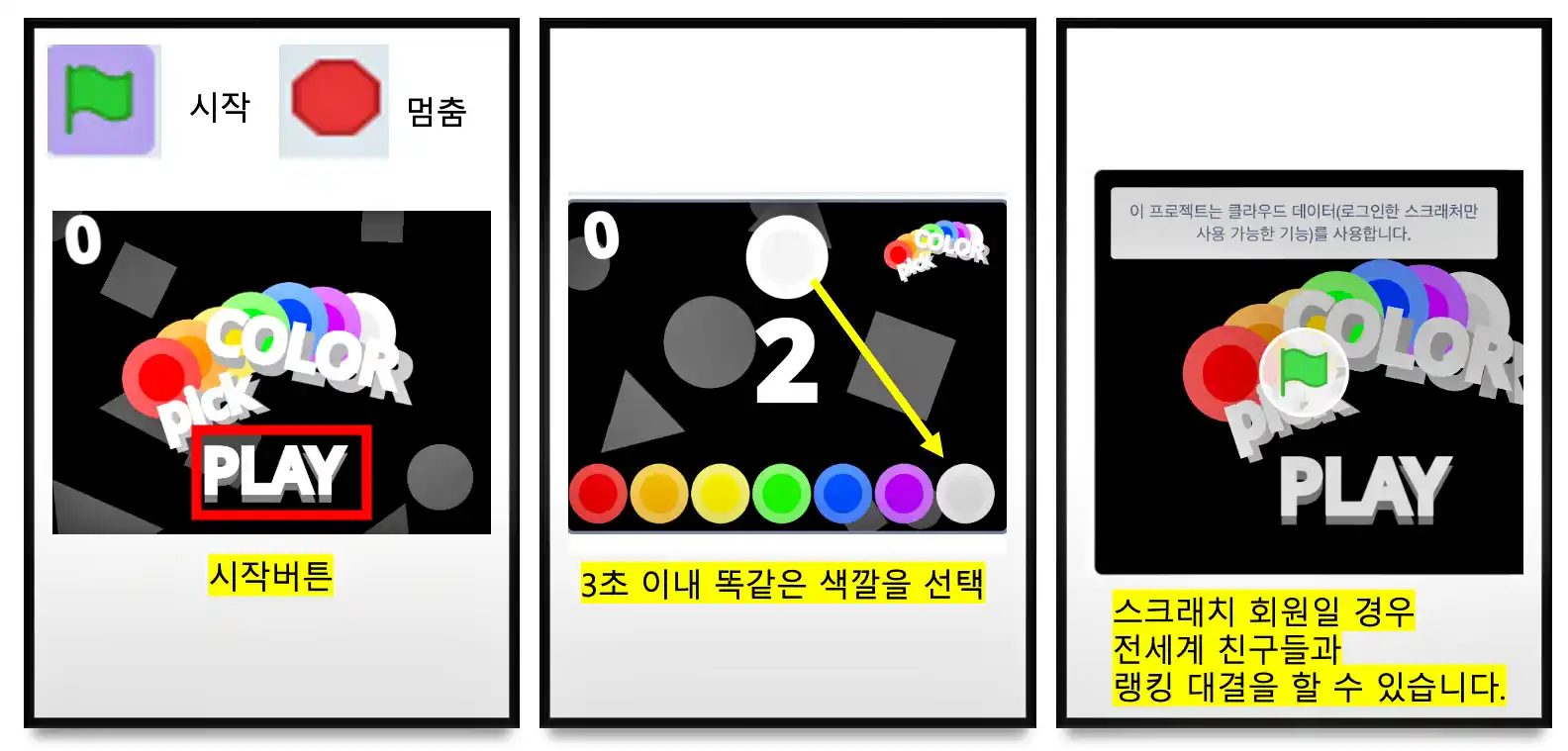 스크래치 코딩으로 제작된 Pick Color 게임 규칙 설명 사진 입니다.